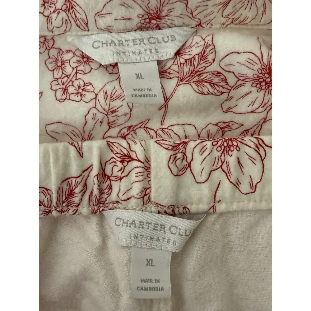 Charter Club Size XL 100% Cotton Flannel Floral Pajama Set Red White PJs Womens